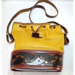 Yellow Leather Hand Tooled Butter Soft Women's Bucket Bag Crossbody Drawstring